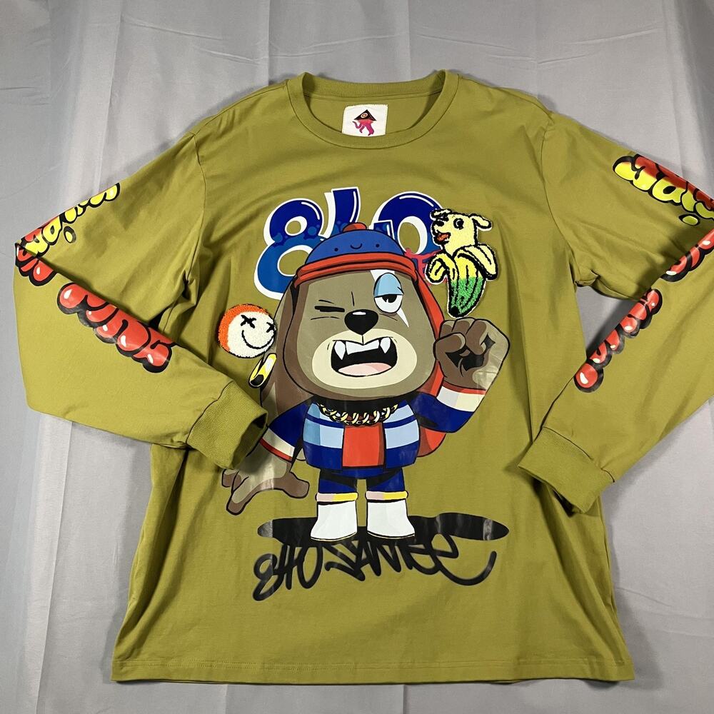 Streetwear Graphic Shirt‎ Mens XL Long Sleeve Embroidered Cartoon Patch Bold